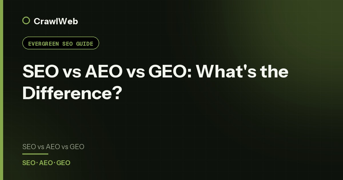 SEO vs AEO vs GEO: What's the Difference? — CrawlWeb guide cover