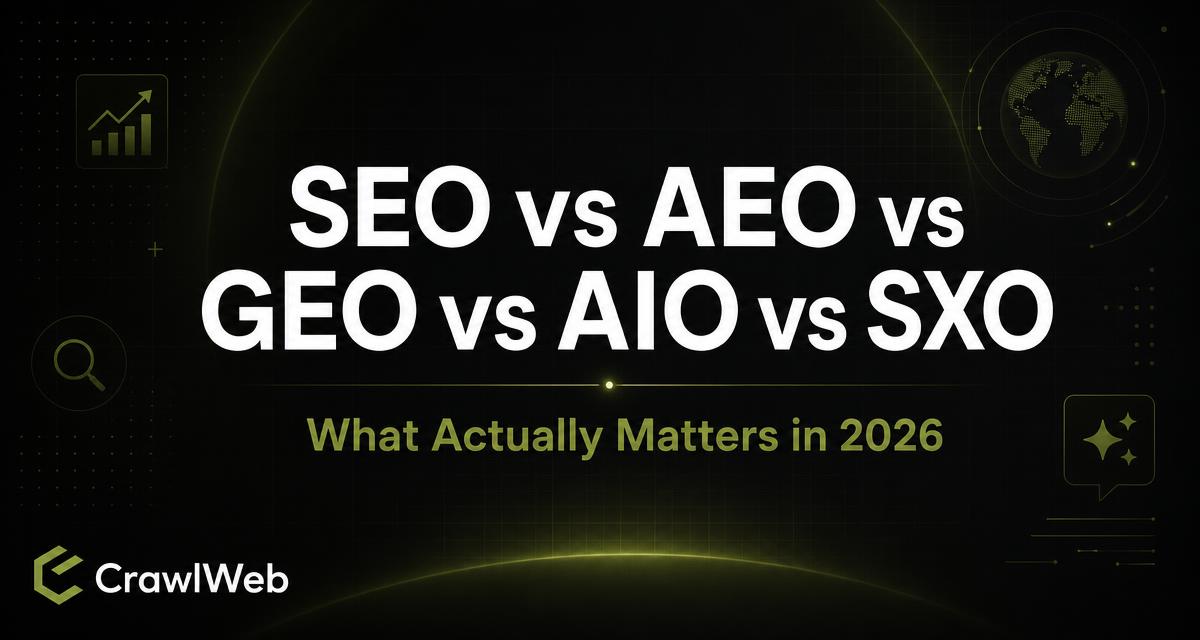 SEO vs AEO vs GEO vs AIO vs SXO: What Actually Matters in 2026 — CrawlWeb guide cover