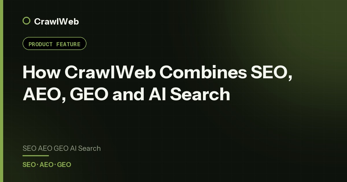 How CrawlWeb Combines SEO, AEO, GEO and AI Search — CrawlWeb guide cover